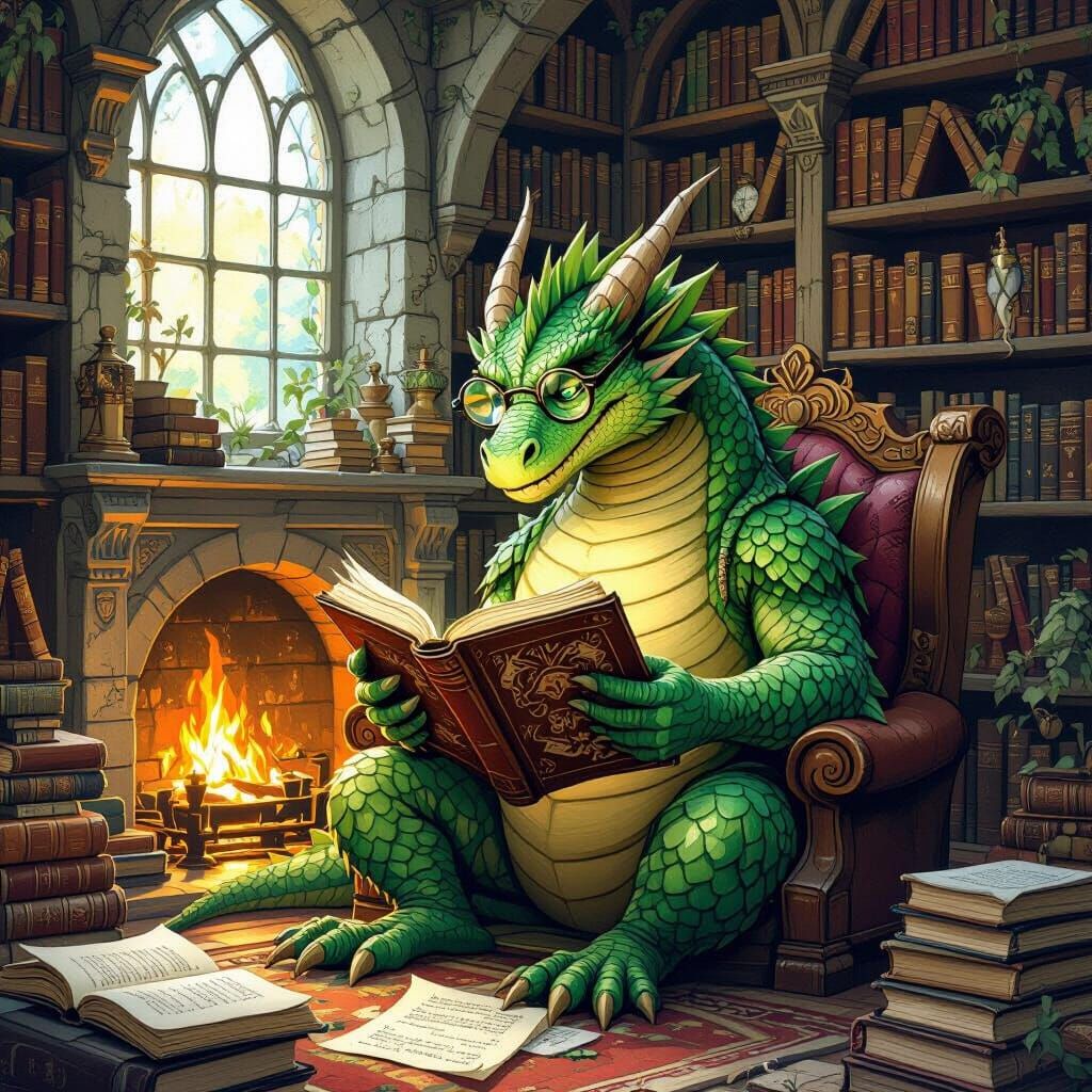 Emerald Dragon Reads in Cozy Library, Storybook Illustration