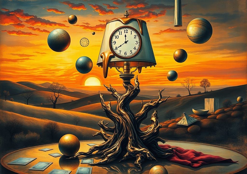 Surrealist Melting Clock Lamp with Dreamlike Sunset