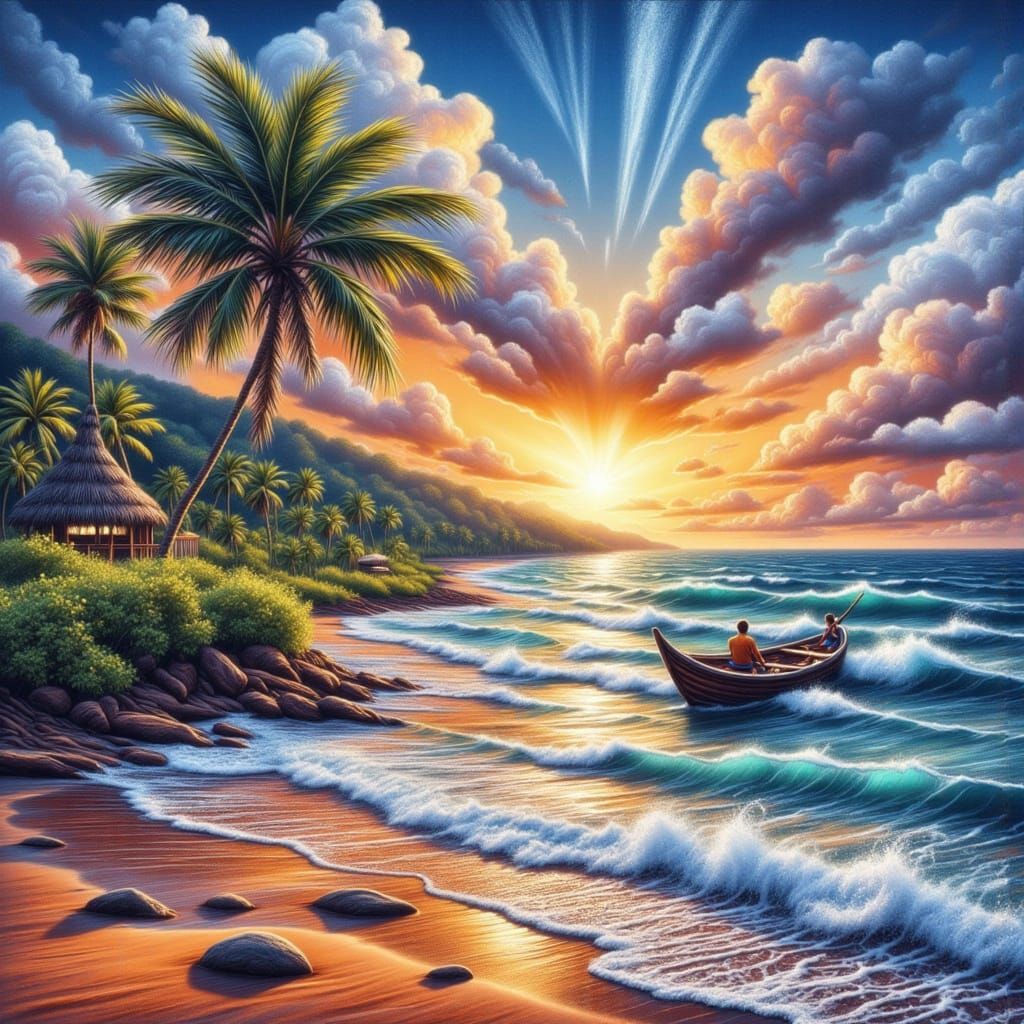 Vibrant Tropical Shoreline Scene in Chalk Art Style