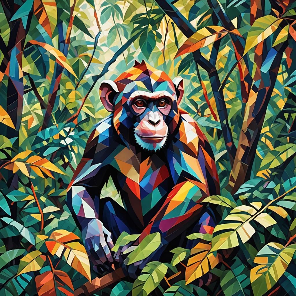 Monkey in Jungle: Cubist Geometric Fauvism