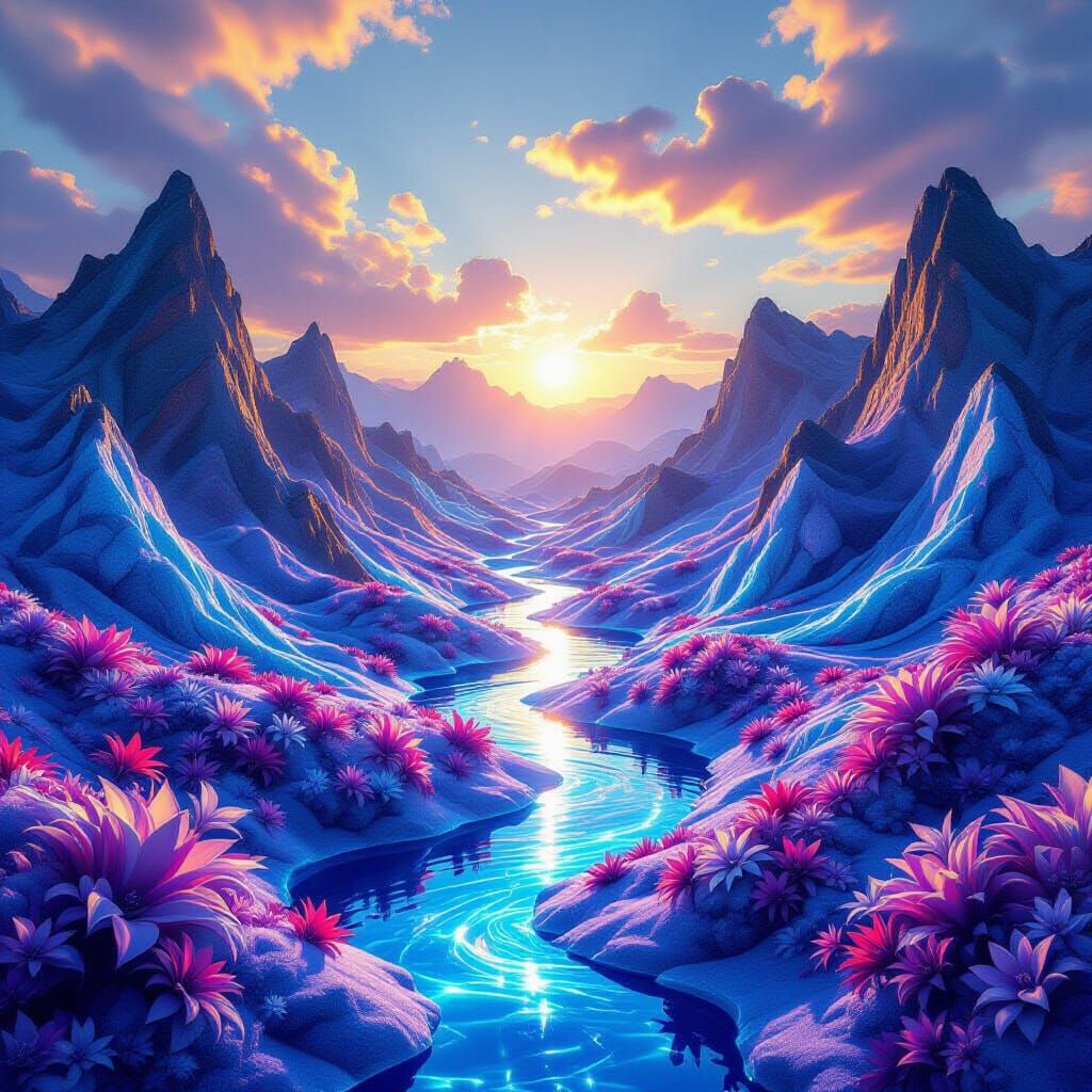 Abstract Landscape of Sound Wave Mountains and Light Rivers