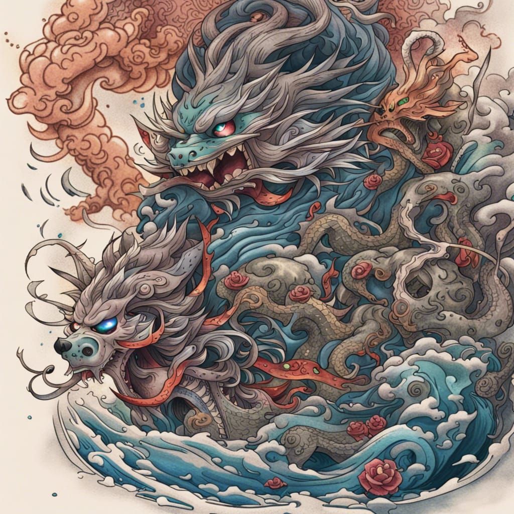 Detailed Yokai Tattoo Sketch: Fantasy Concept Art