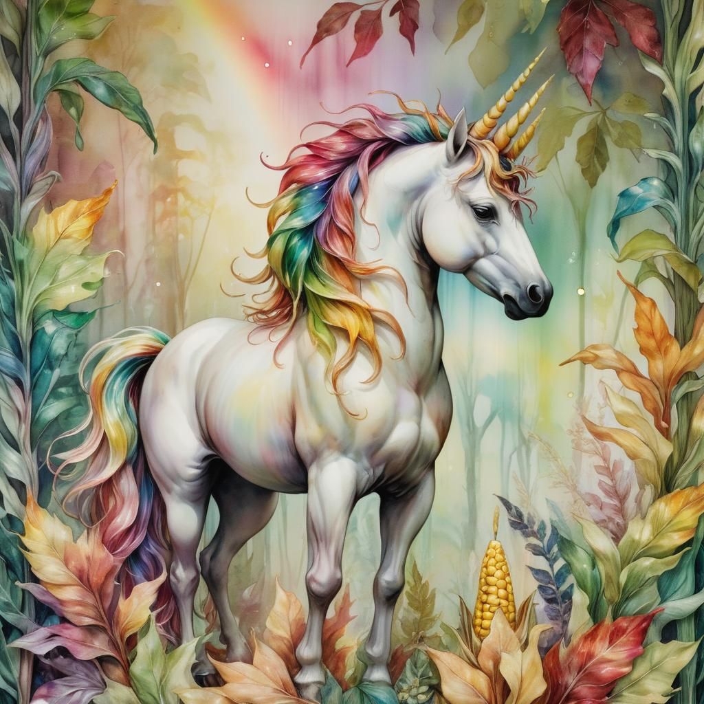 Rainbow Unicorn with Corn Horn Botanical Illustration