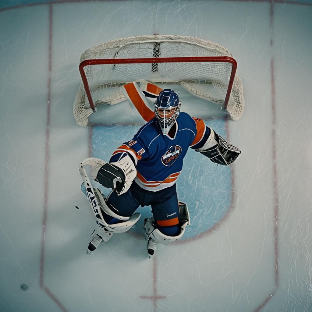 Hockey Goalie's Mid-Air Dive: A Cinematic Still