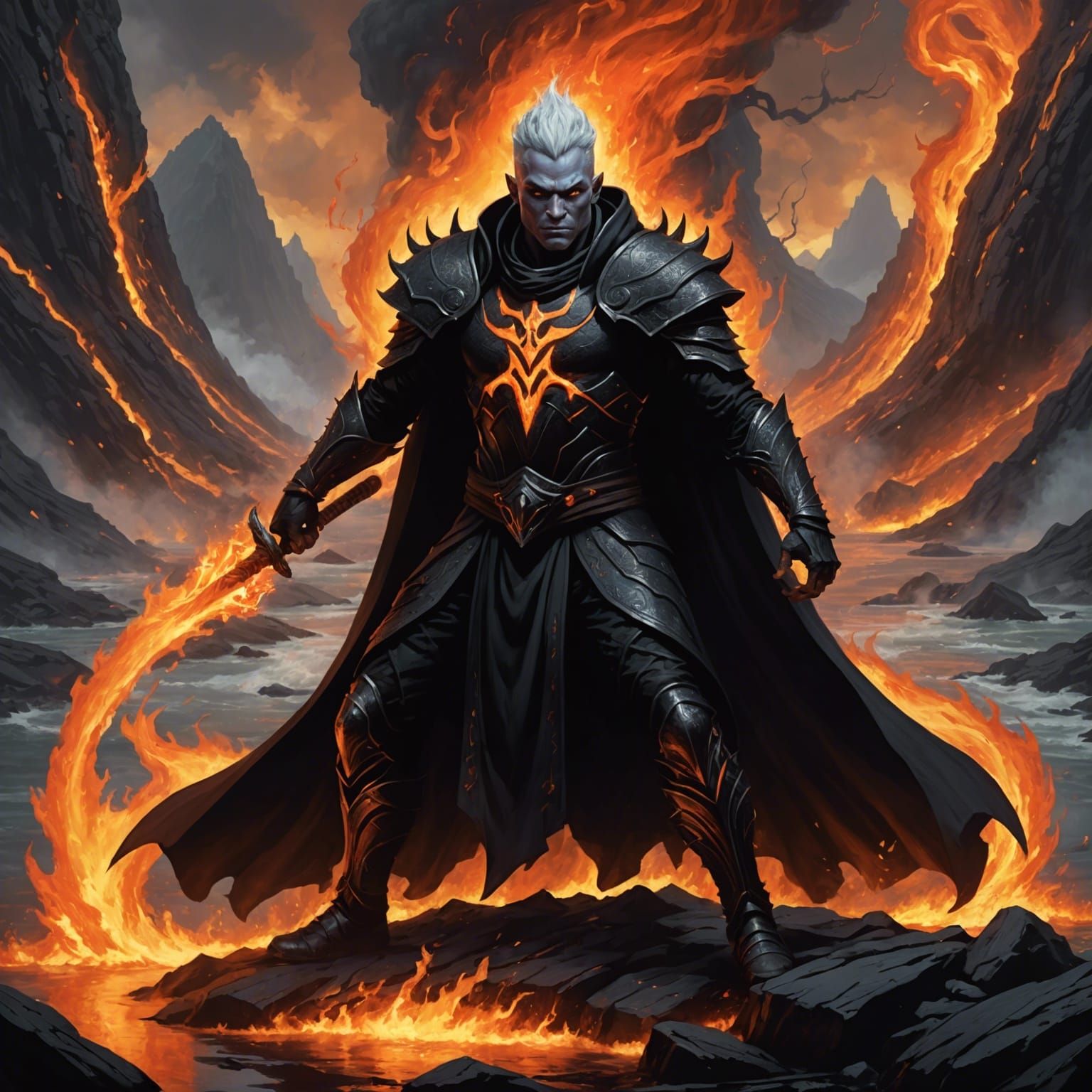 Drow Sorcerer Casting Fire in Lava Rivers