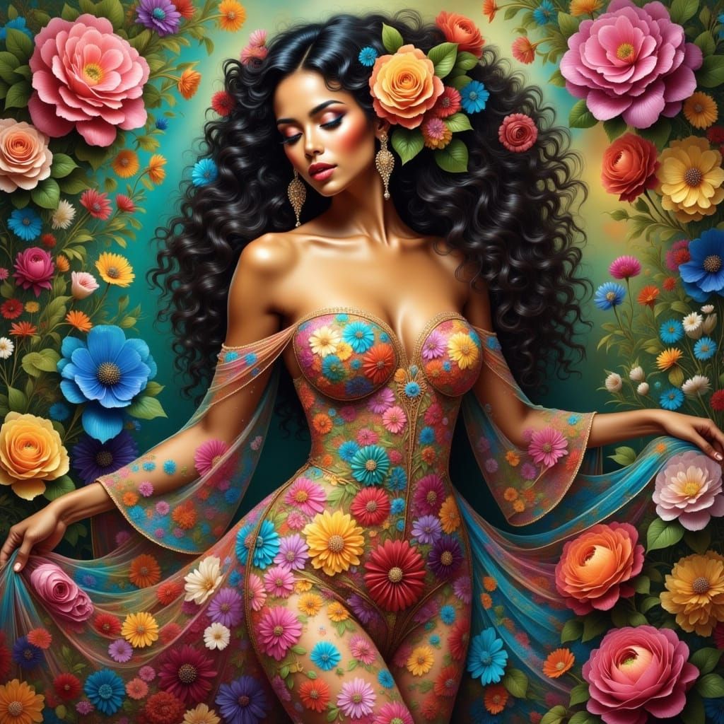 Latina Woman in Floral Dress in Enchanted Garden