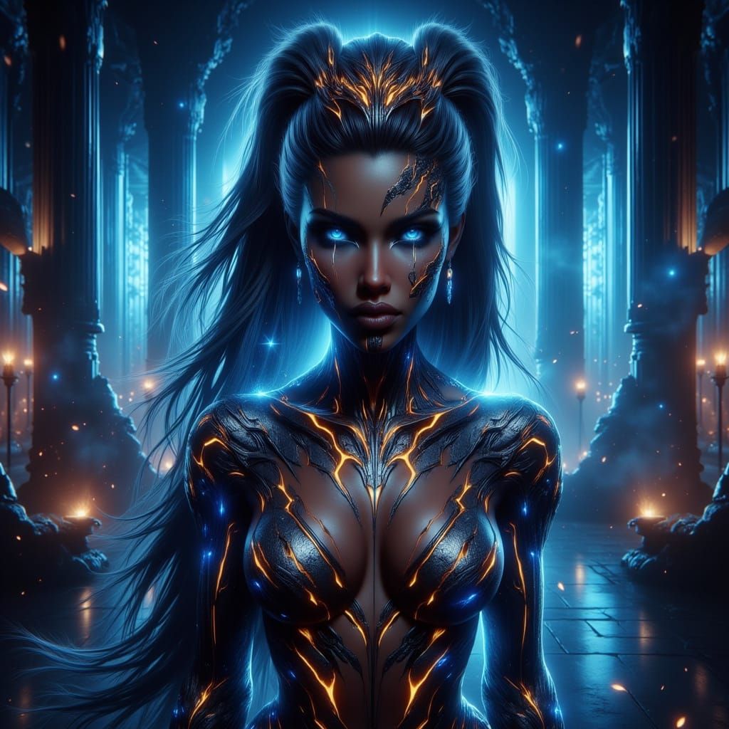 Futuristic African Warrior with Neon Glow, in Cyberpunk Styl...