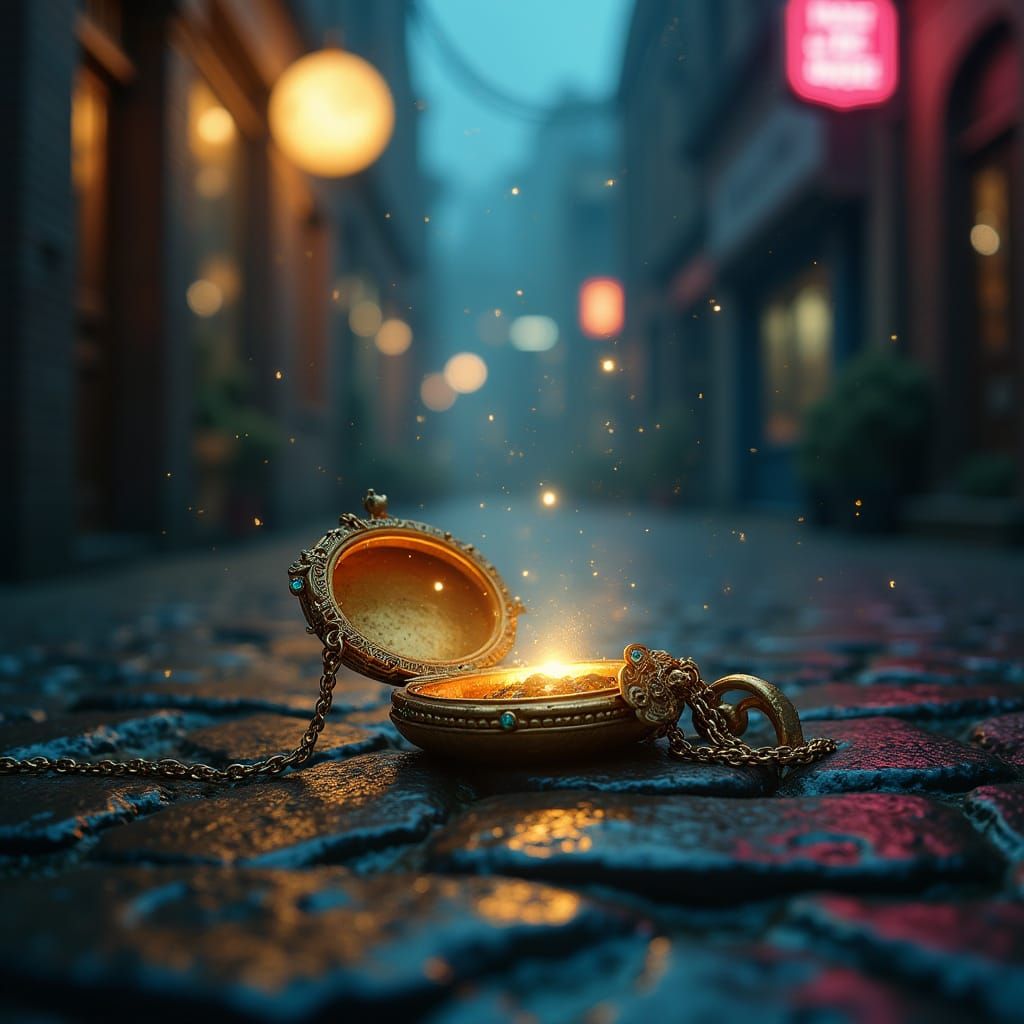 Ornate Gold Locket in Rain-Washed Alleyway