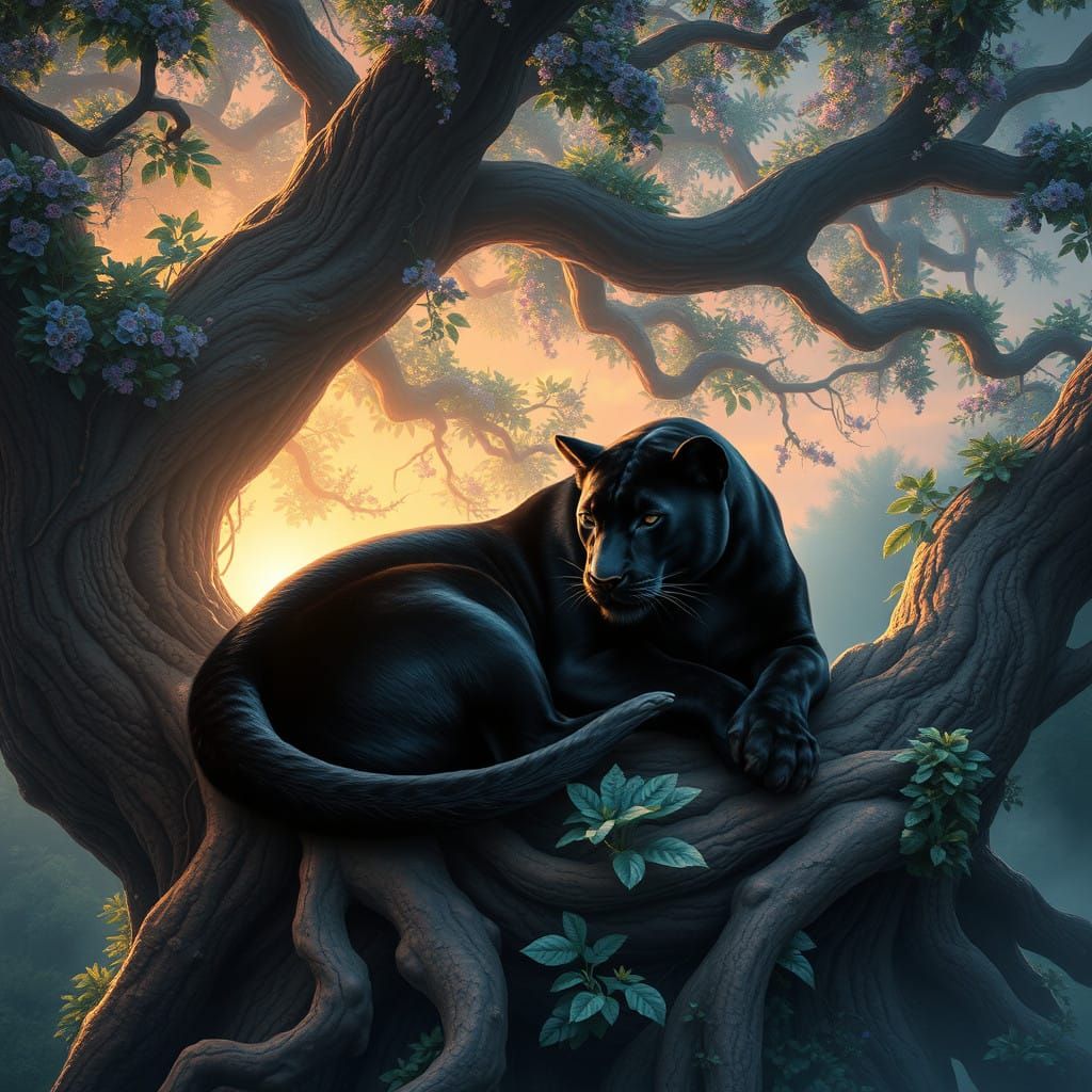 Majestic Black Panther Slumbers in a Vibrant Tree