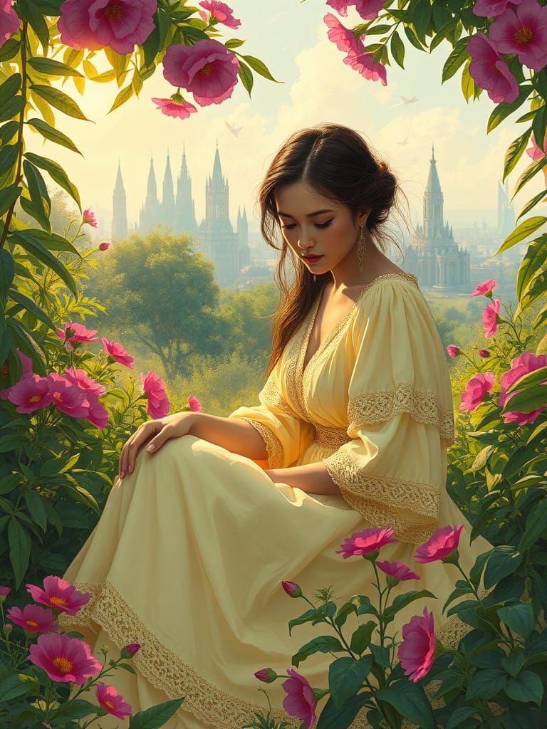 Wistful Garden Scene in Dreamy Film Noir Style