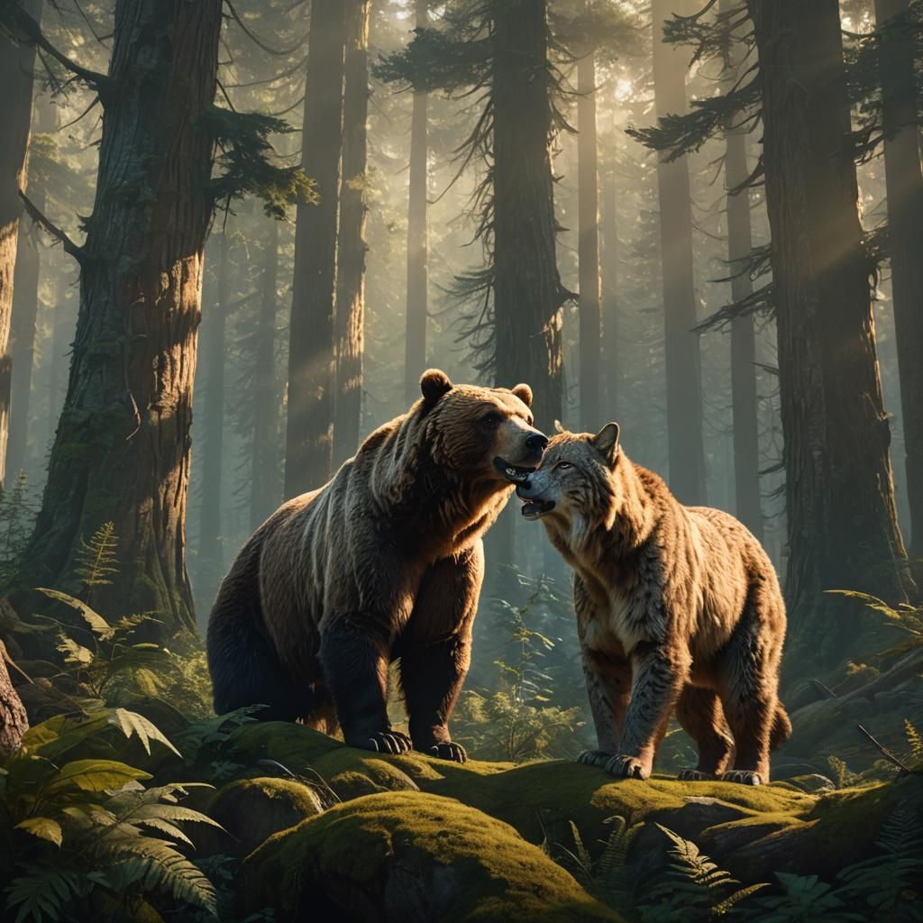 Grizzly Bear and Lynx in a Mystical Forest