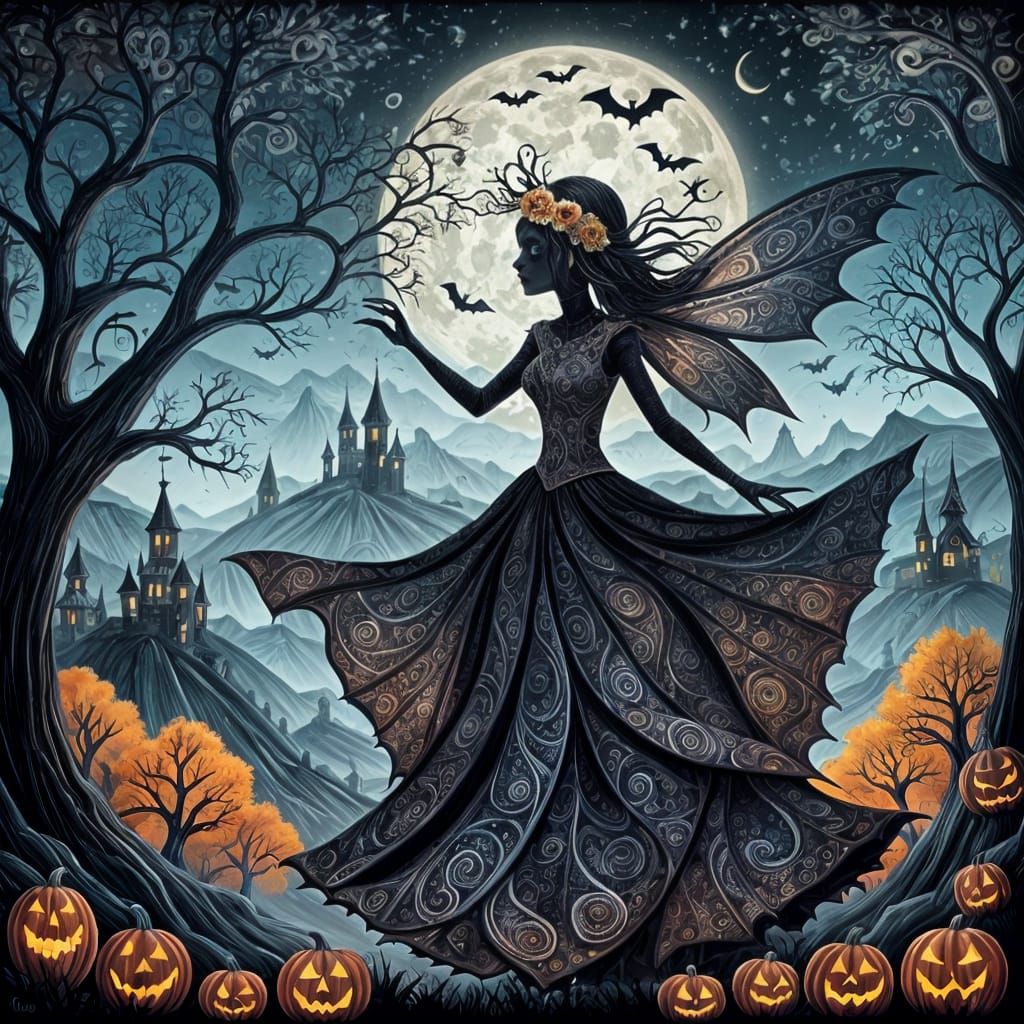 Halloween Goth Fairy in Folk Art Style