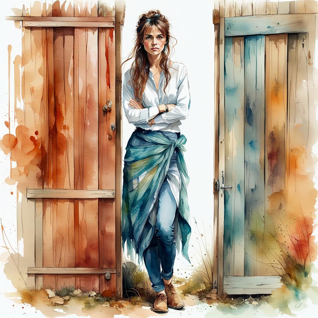 Woman Leaning on Barn Door in Watercolor Style