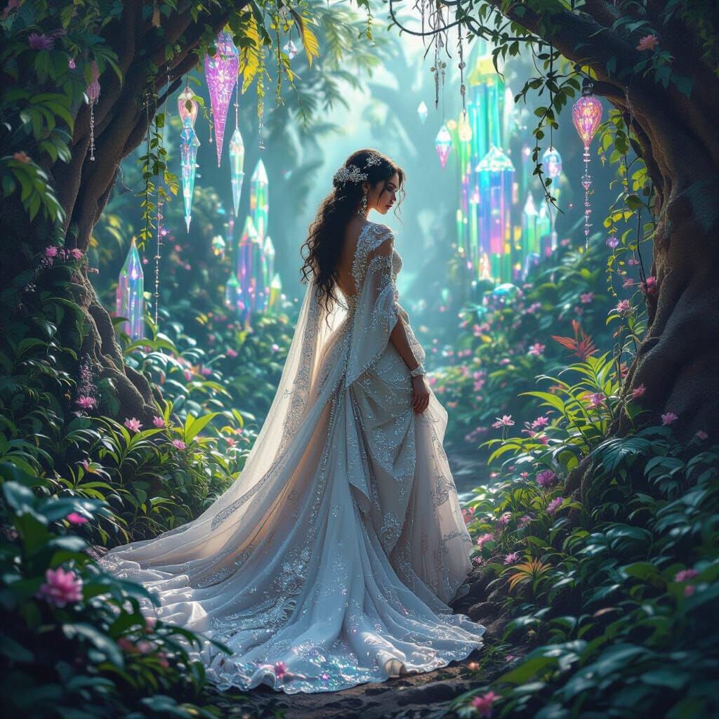 Pre-Raphaelite Woman in Bioluminescent Alien Jungle