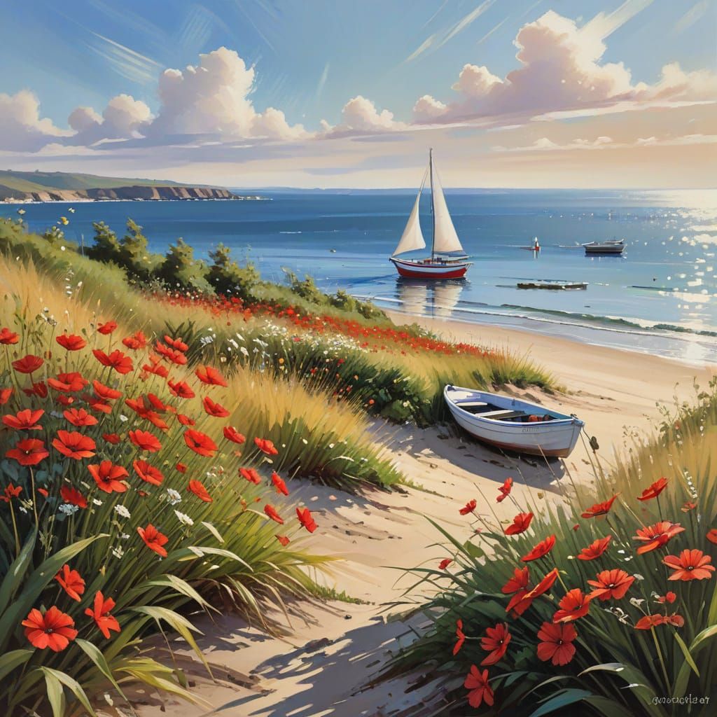 Gouache Painting of Beach with Flowers and Boat