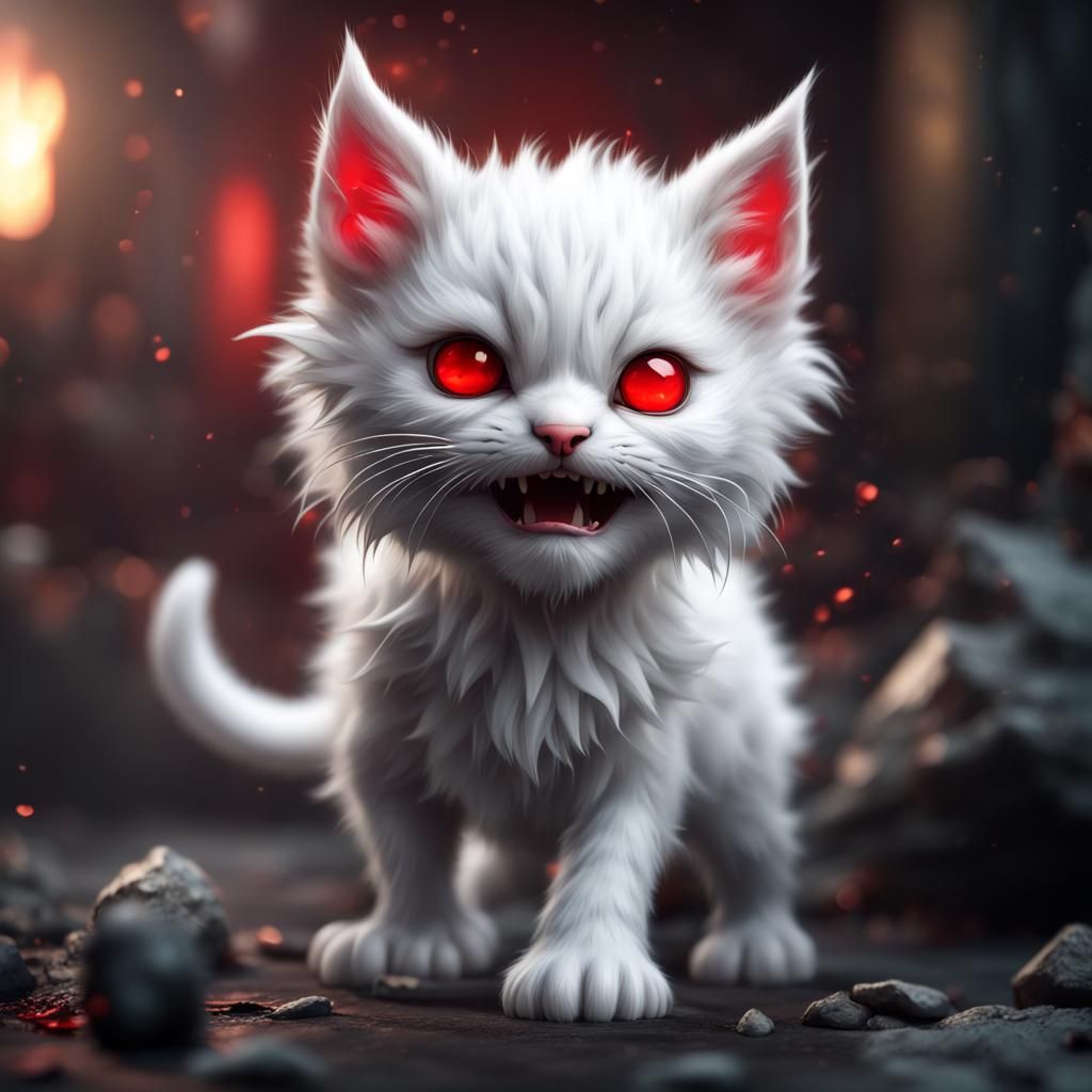 Demonic Yet Adorable White Kitten: Detailed Digital Art