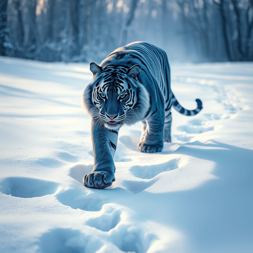 Majestic Blue Tiger Stalks Snowy Landscape in Winter Wonderl...