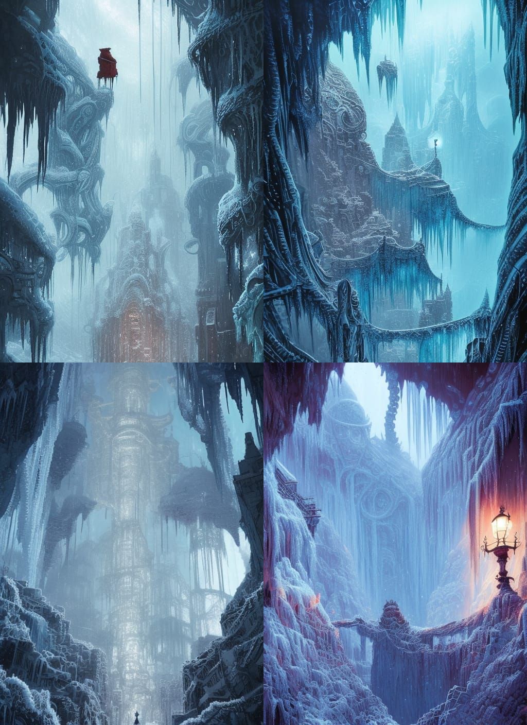 Icy Lovecraftian City in Frozen Cave, Watercolor Art