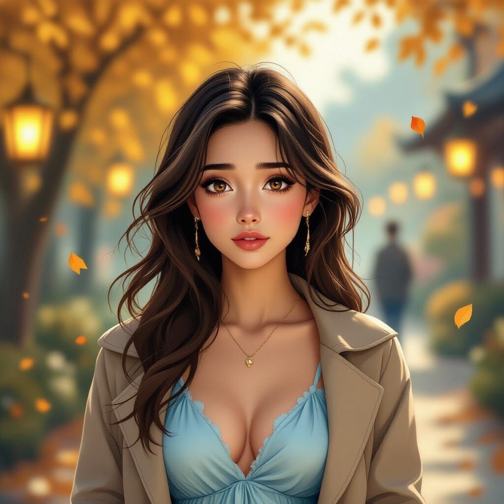 Sad Woman in Autumn Garden, Makoto Shinkai Style