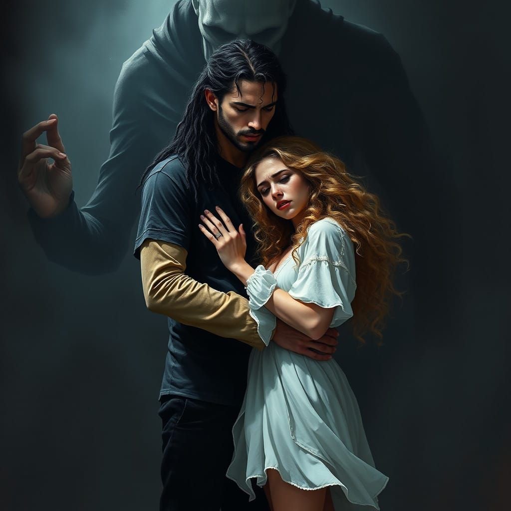 Gothic Couple in Despair, Hugging in a Dark, Ominous Room