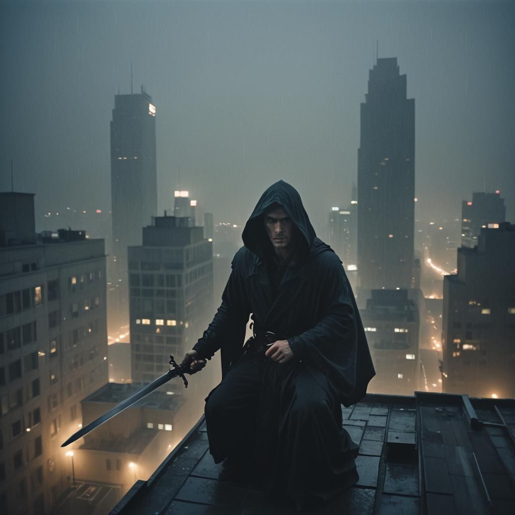 Noir Vigilante on Foggy Rooftop at Night