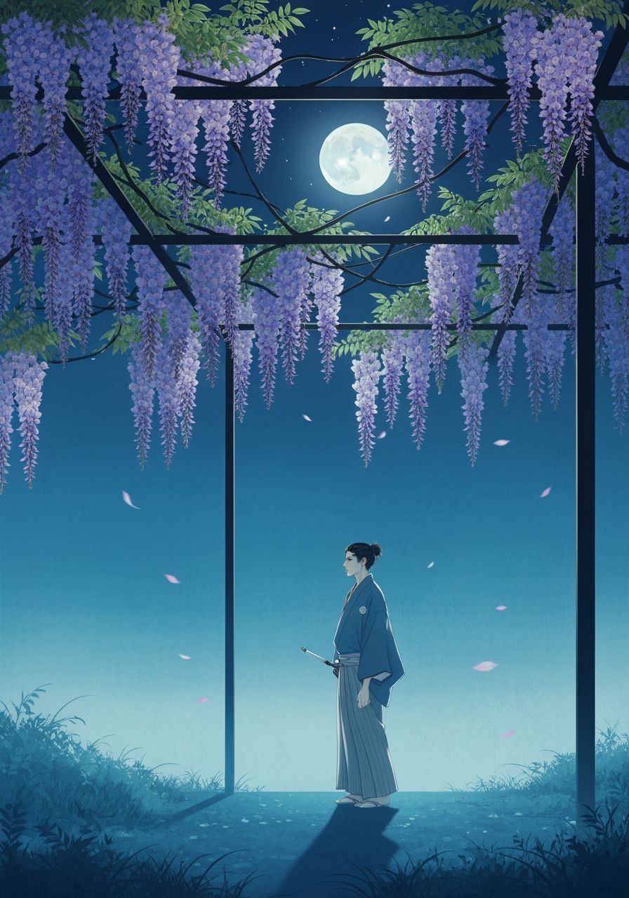 Japanese Figure Under Wisteria in Moonlight