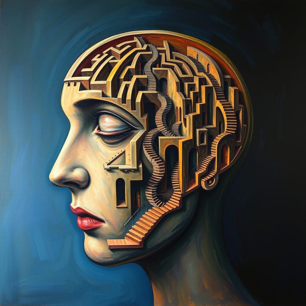 Escher-Inspired Surrealist Portrait of a Maze-Like Face