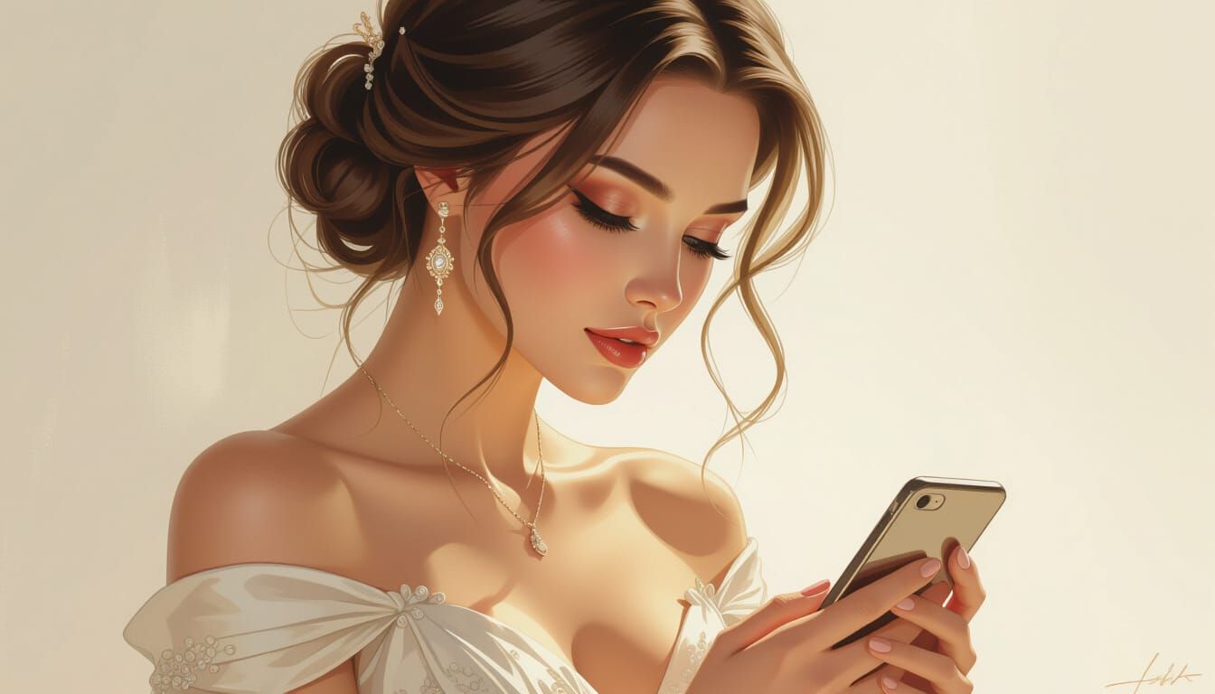 Elegant Woman Intently Using Mobile Phone: Photorealistic Di...