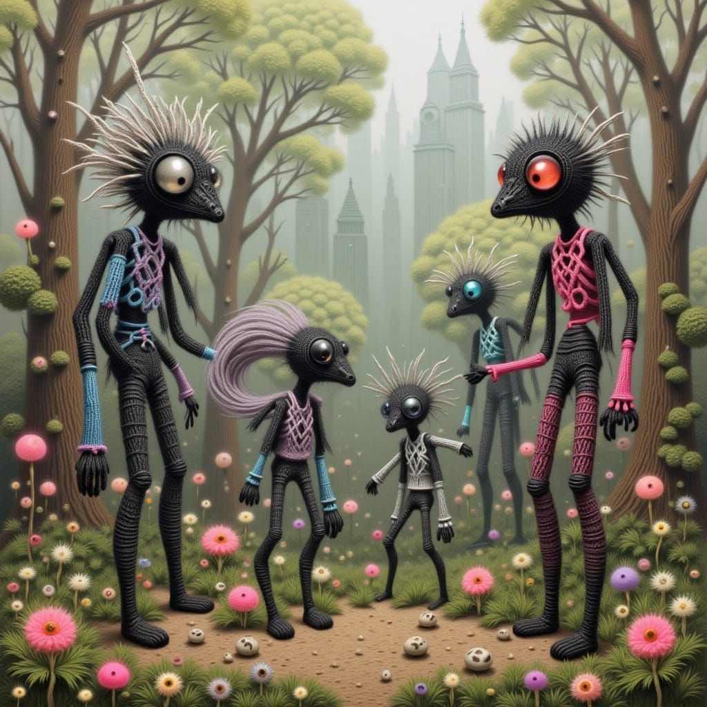 Whimsical Yarn Creatures in Surreal Fantasy Park