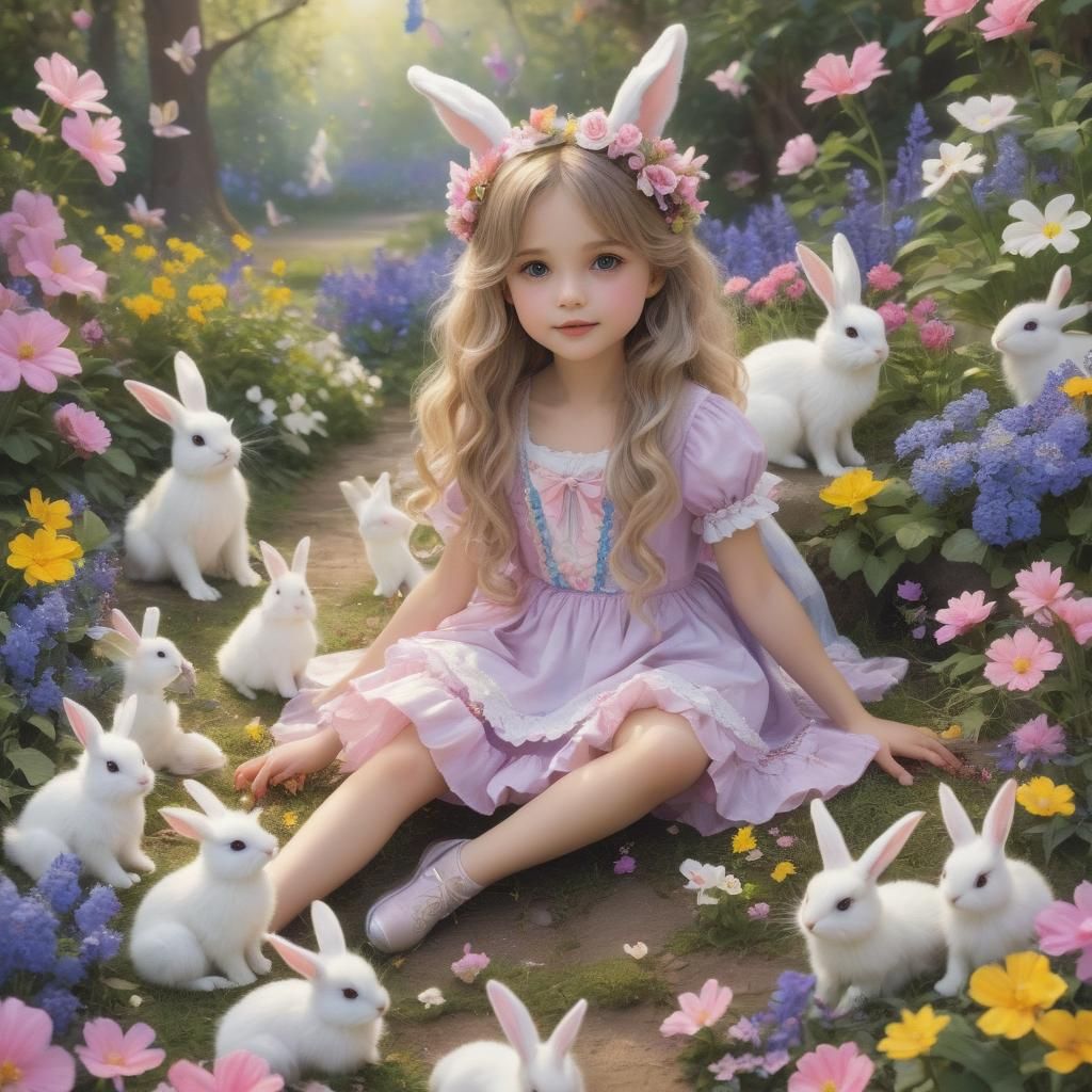 Whimsical Fairy Maiden Surrounded by Playful Bunnies in a Dr...