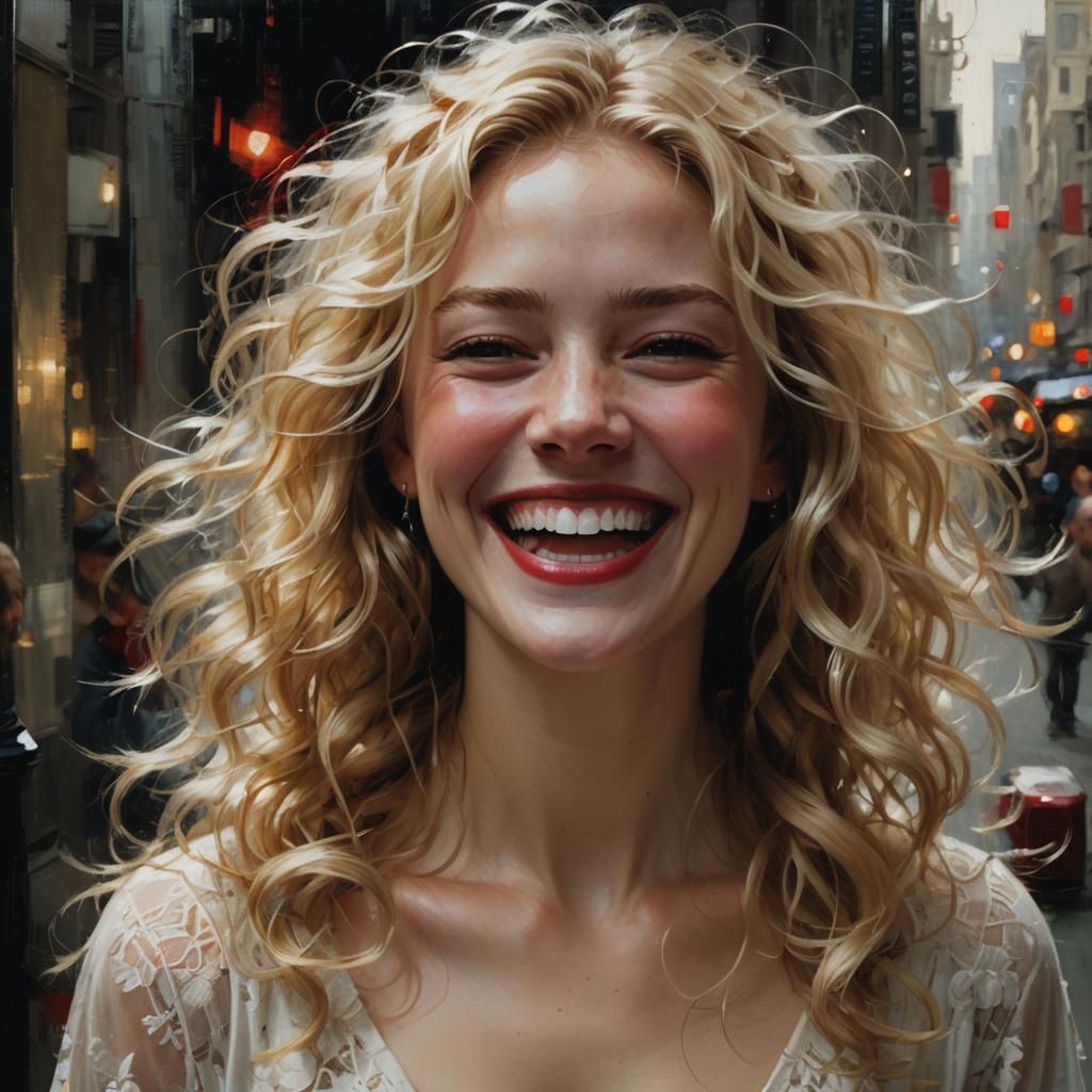 Laughing Blonde Woman Portrait in Mann Style