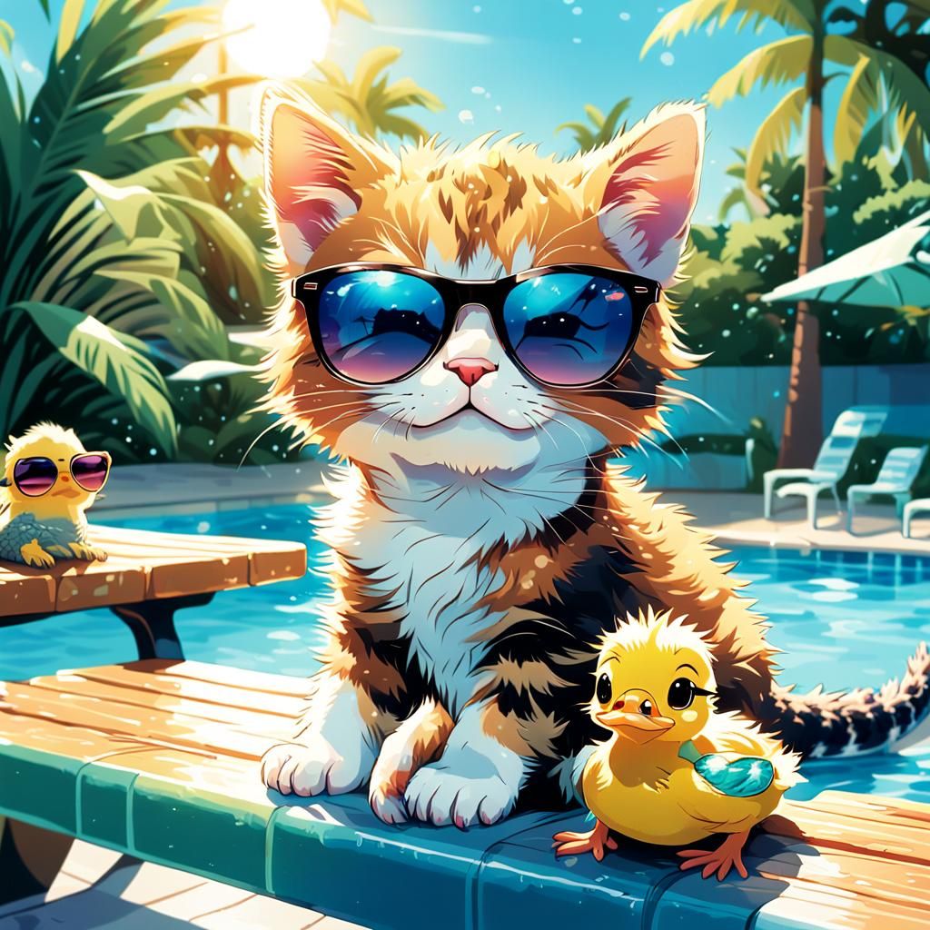 Cute Kitten Poolside: Anime Key Visual