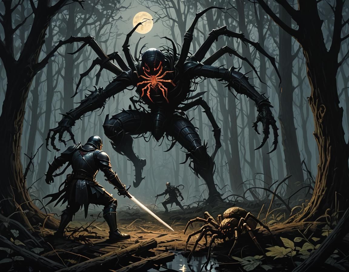 Knight Fighting Spider in Dark Wood