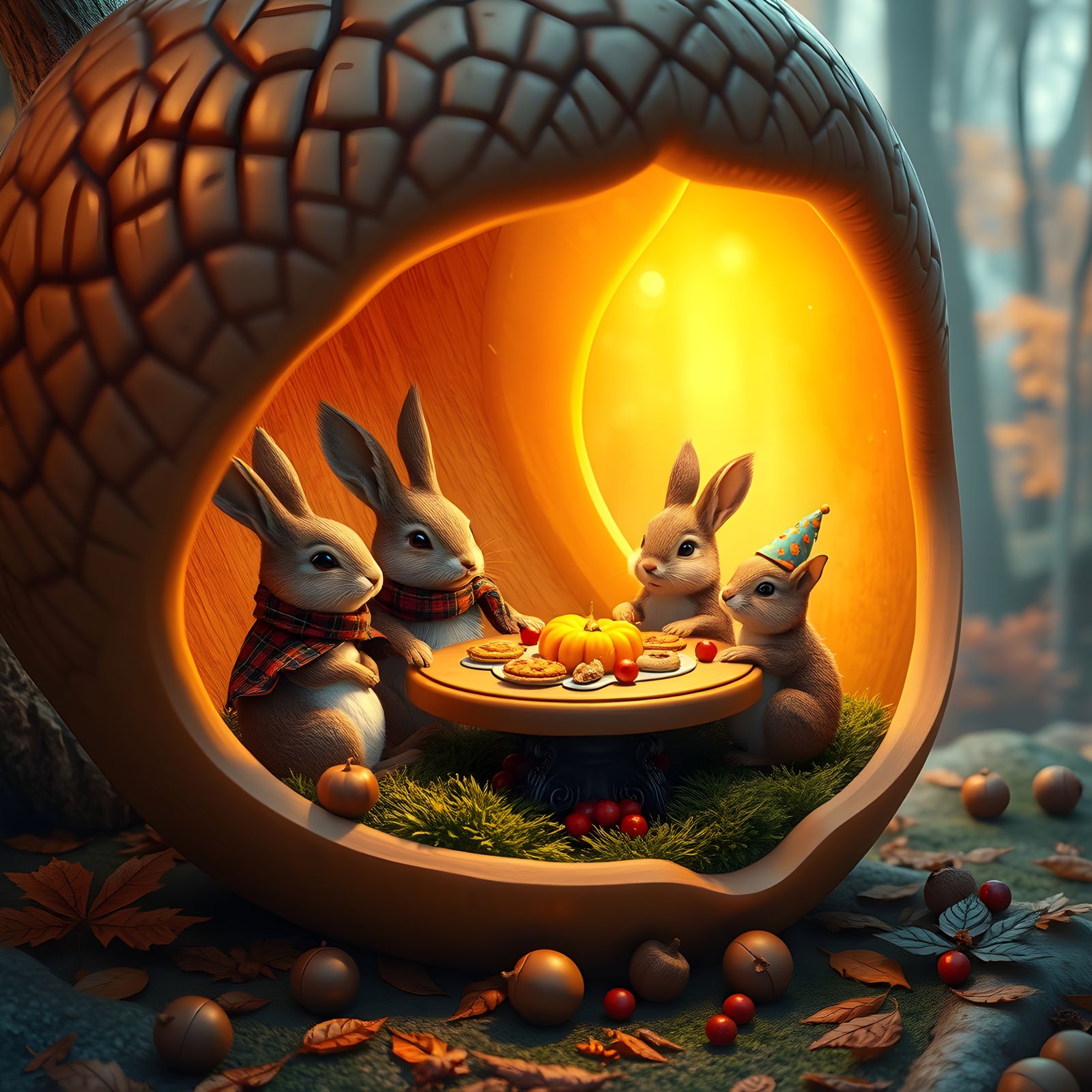 Whimsical Woodland Thanksgiving Scene in Autumn Forest