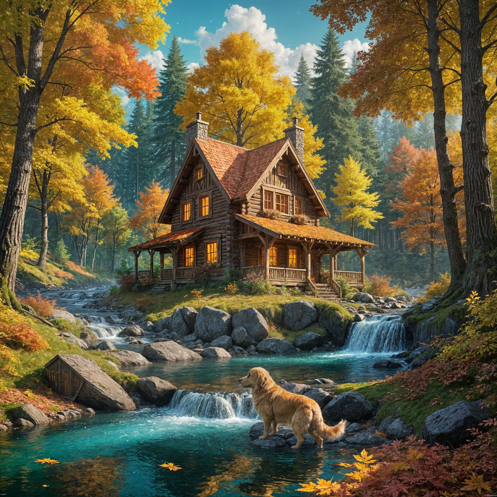 Magical Wood Cabin in Autumn Forest, Detailed Painting