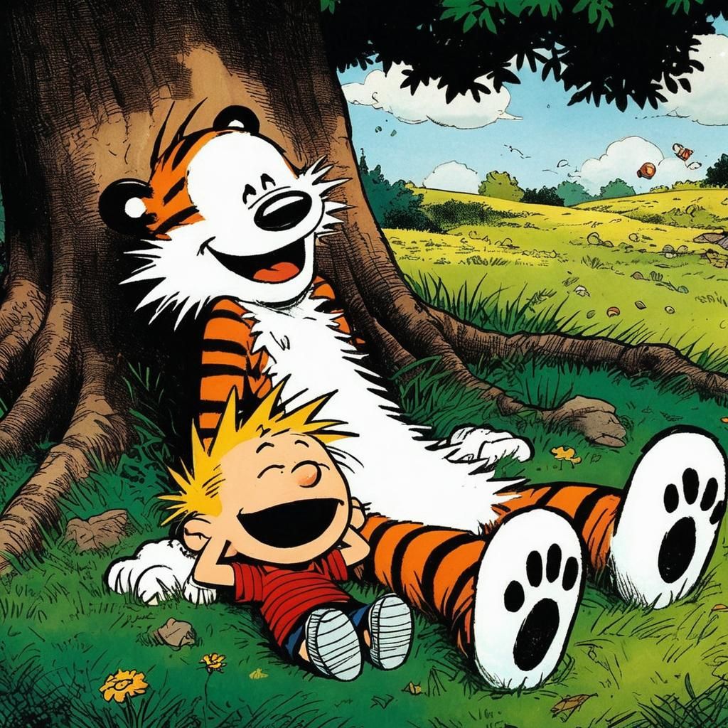 Calvin and Hobbes Laughing Under a Tree