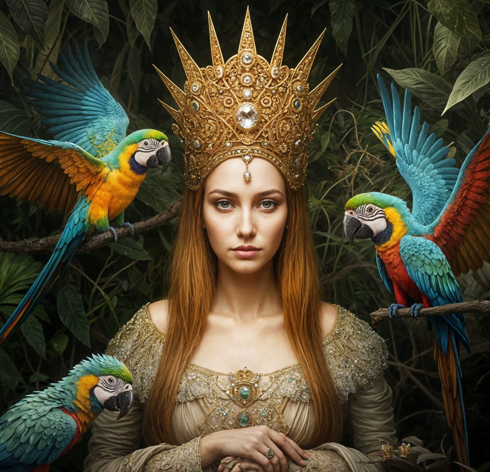Queen with Jeweled Crown and Parrots
