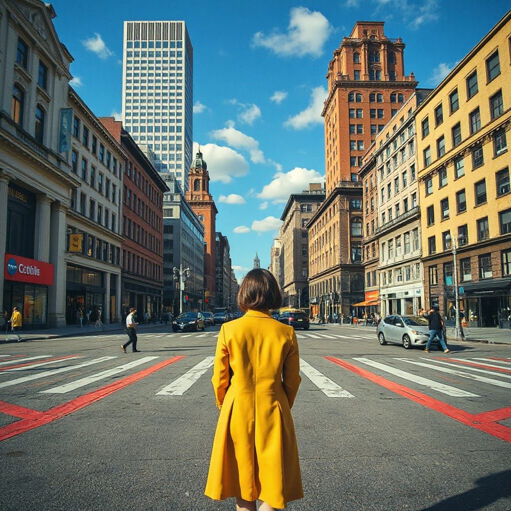 Woman in City Square with Split Surreal Images
