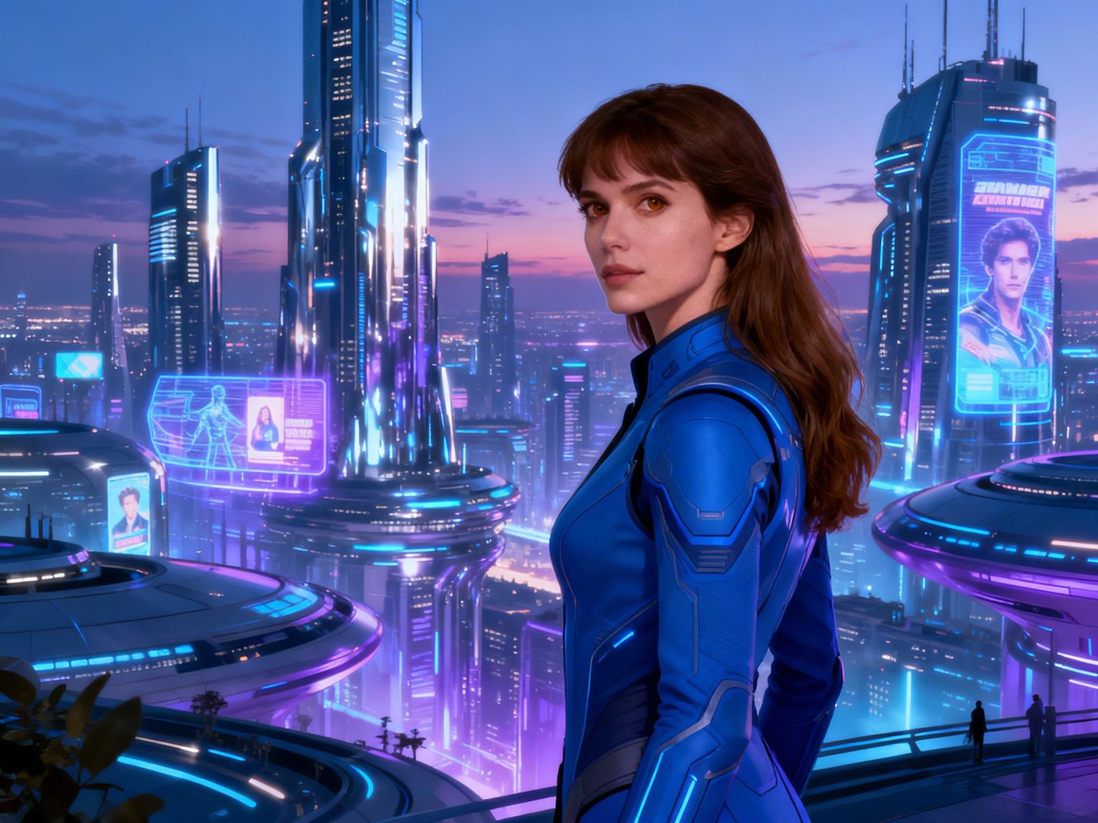 Woman in Futuristic Cityscape at Dusk