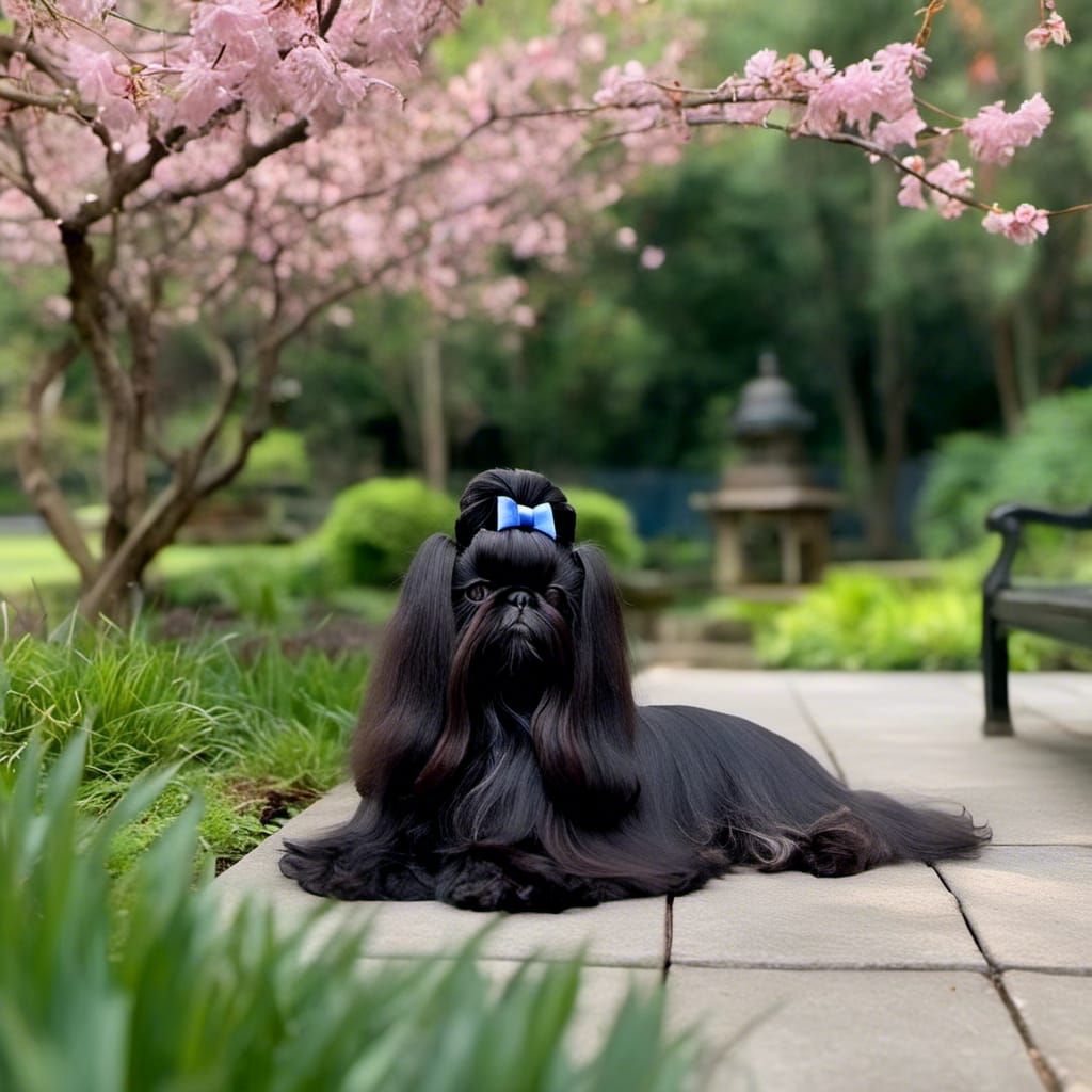 Black Shih Tzu with Blue Bow in Asian Garden