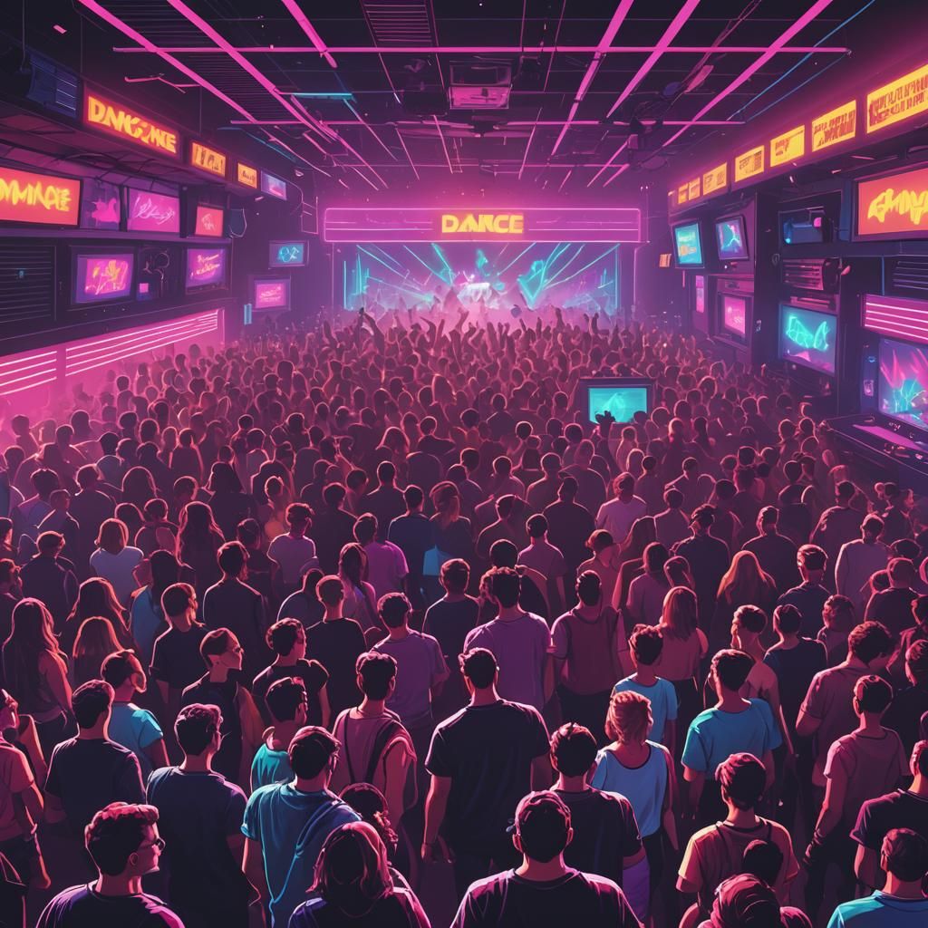 Nightclub Scene with Crowds, DJ, and Neon Lights