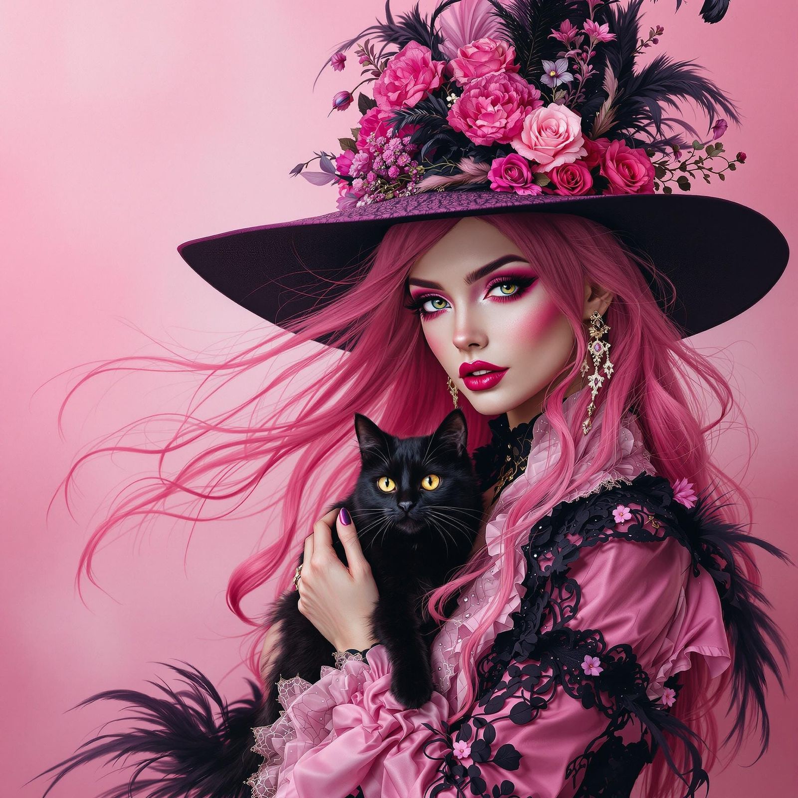 Woman with Pink Hair and Black Cat