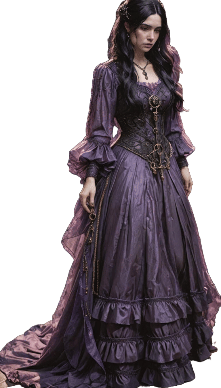 sad young woman with black hair and pale skin wearing a purple and black gown and a necklace with a key on it, realistic...