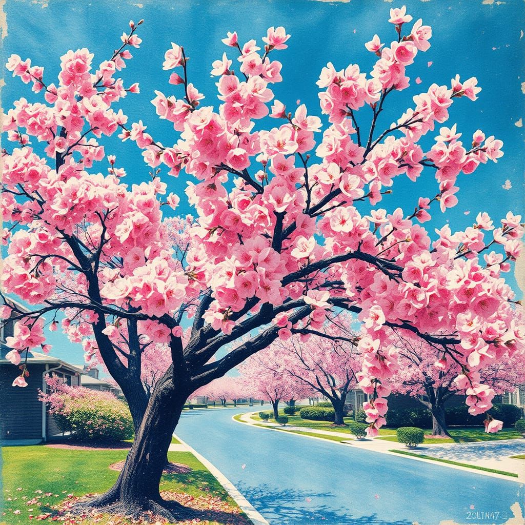 Beautiful Cherry Blossom Landscape in Impressionist Pointill...