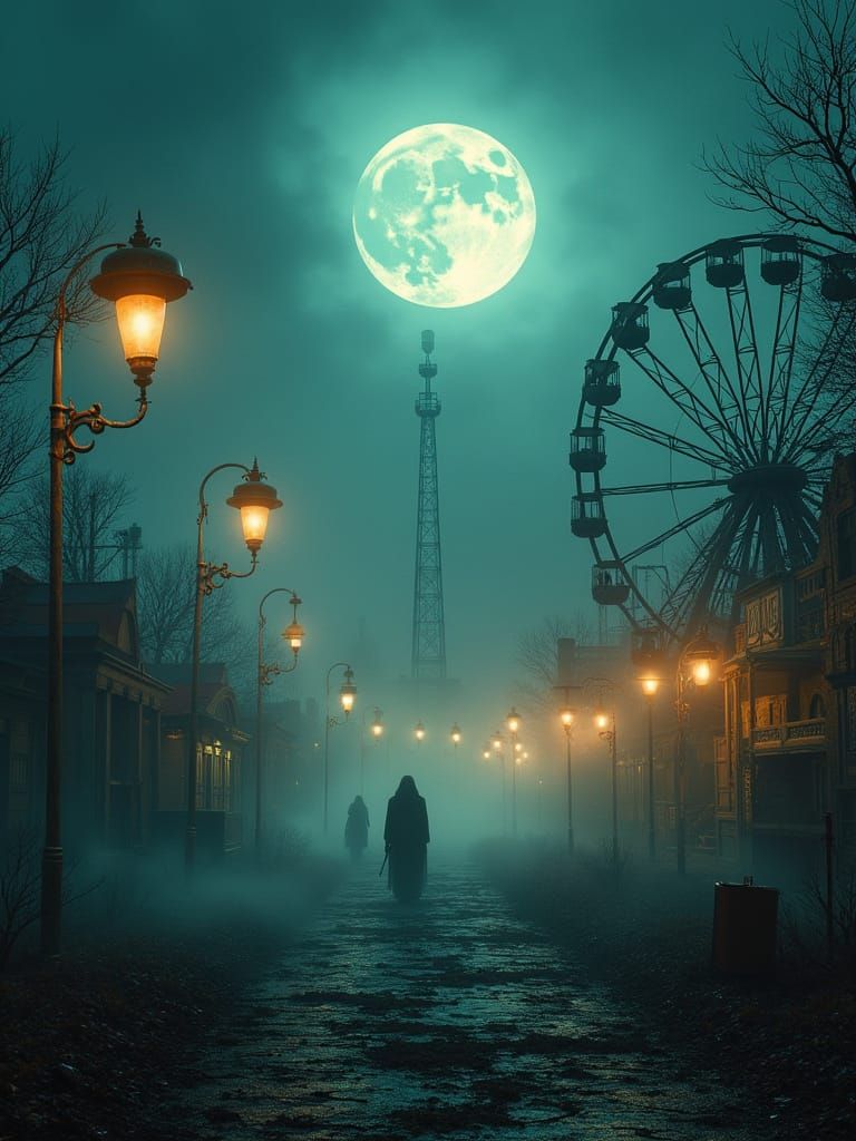 Abandoned Carnival Under Moonlit Sky with Floating Lanterns