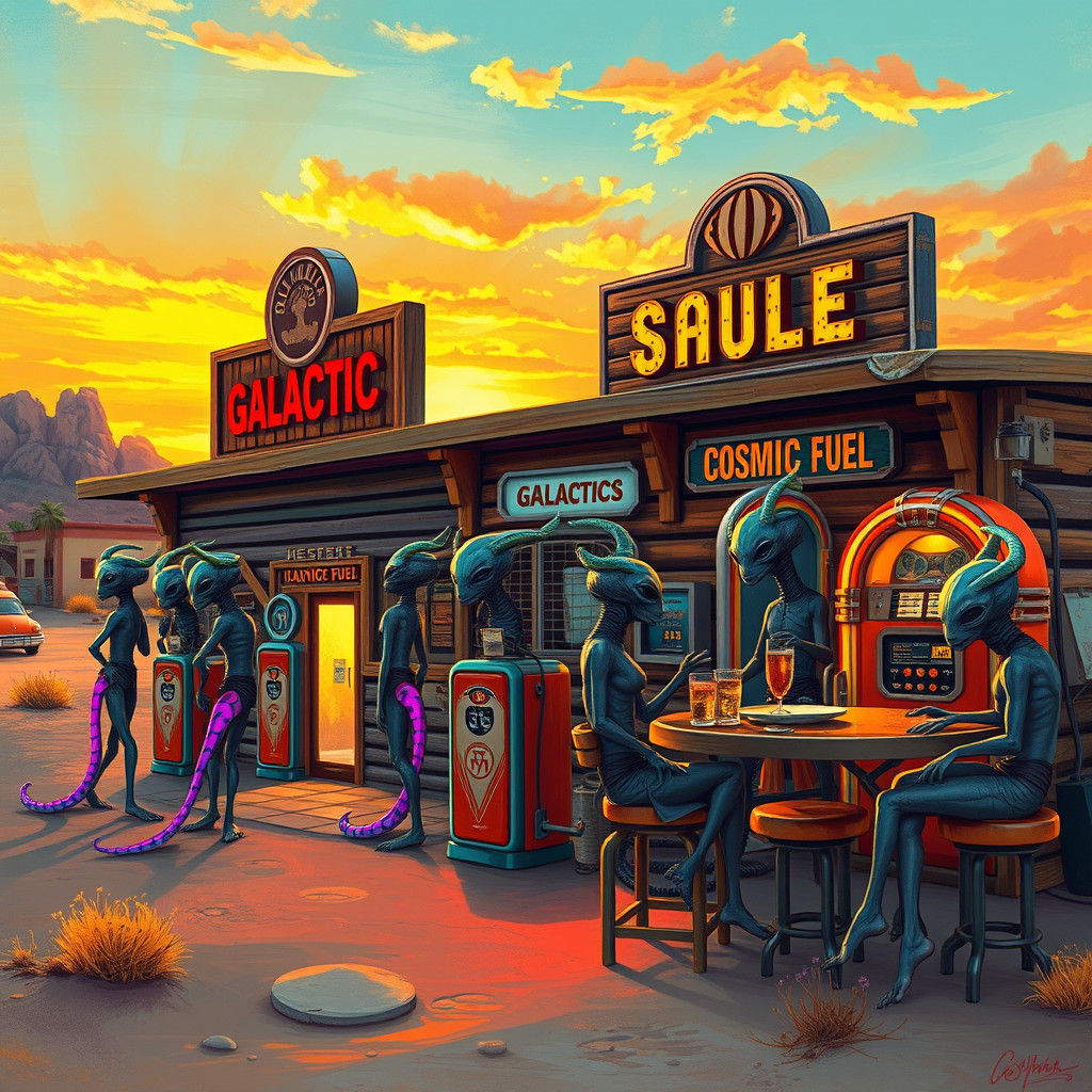 Retro-Futuristic Gas Station in Desert Landscape