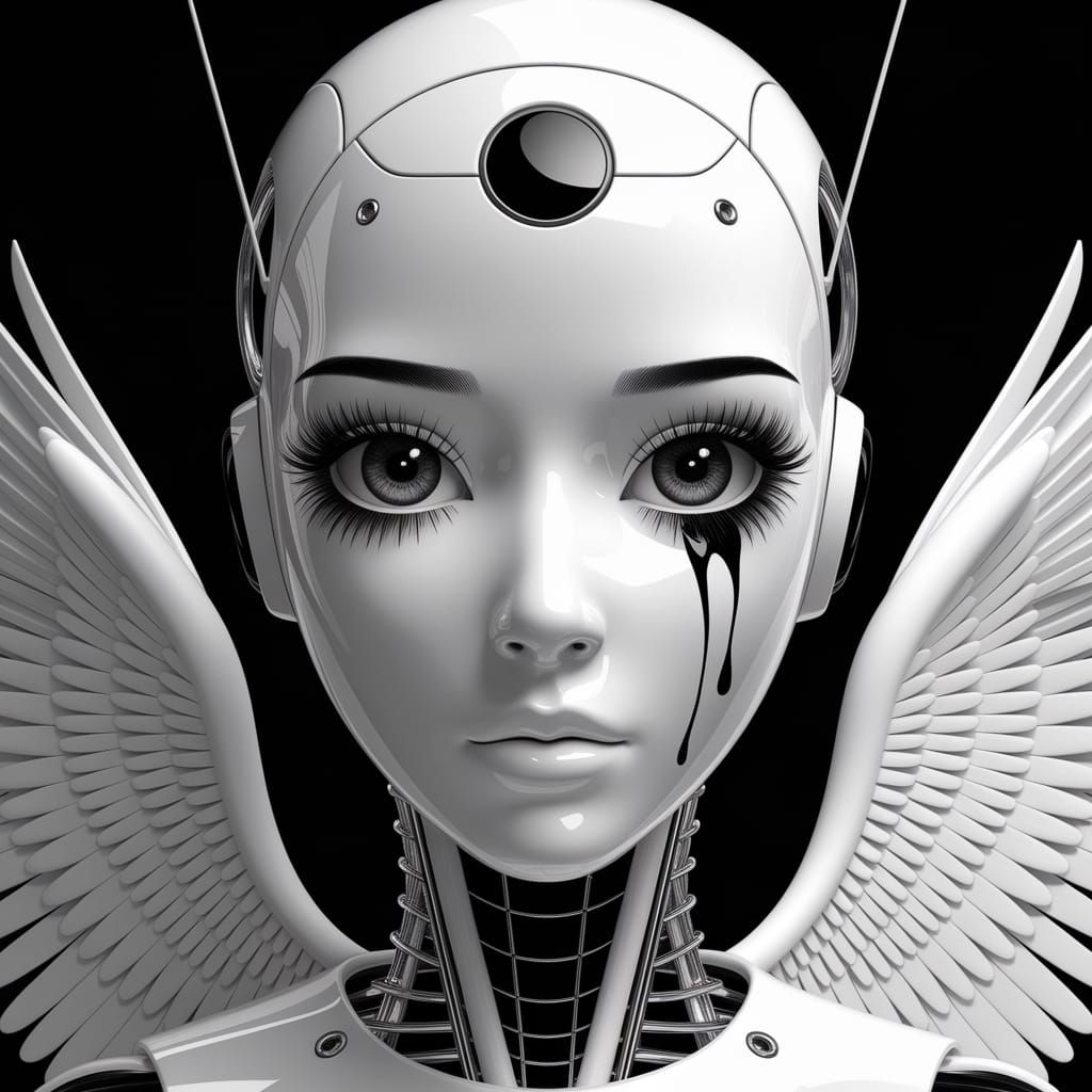 Anime-Style Robot with Tears in the Face, Realistic Art Nouv...