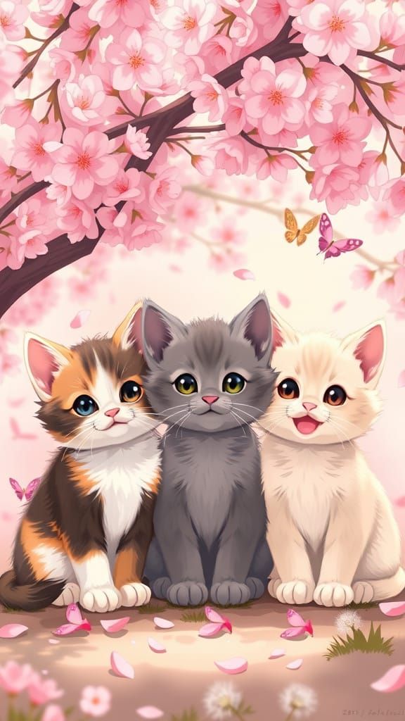 Anime-Style Kittens Under Cherry Blossom Tree