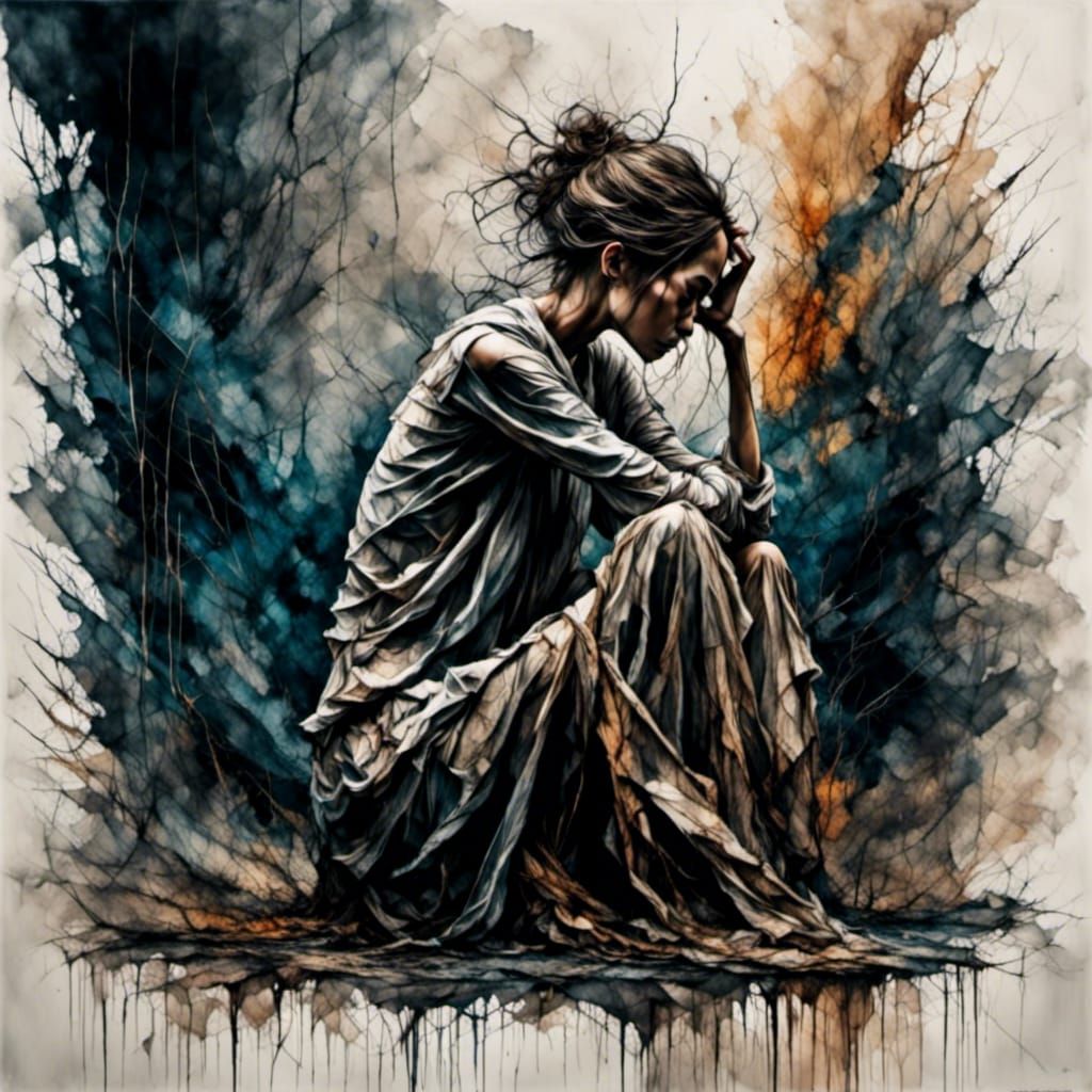 Sad Woman in Rainstorm with Dramatic Lighting