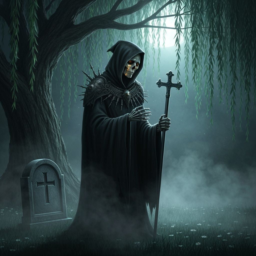 Gothic Grim Reaper Mourns at Grave Under Willow
